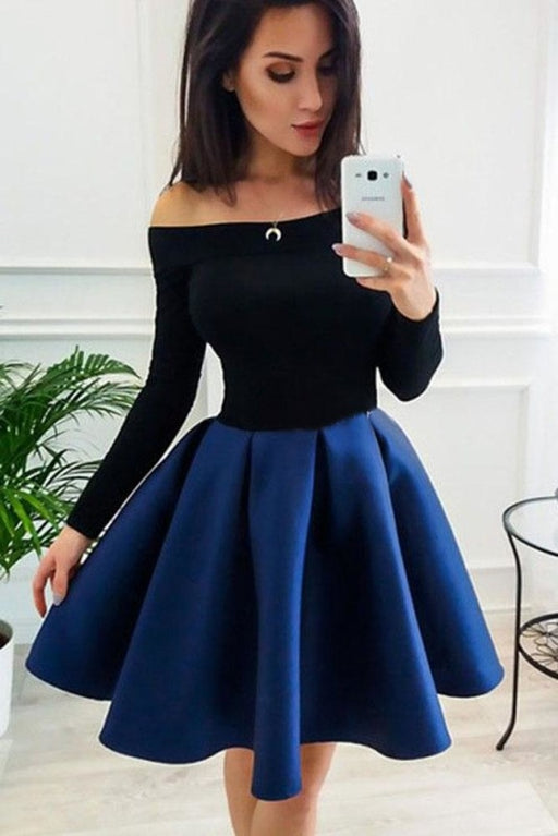 A-Line Off the Shoulder Blue and Black Homecoming Short Prom Dresses - Prom Dresses