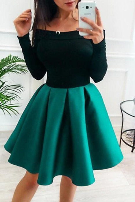 A-Line Off the Shoulder Blue and Black Homecoming Short Prom Dresses - Prom Dresses