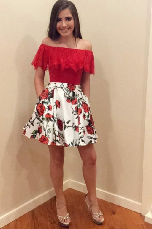 A Line Off the Shoulder Boho Style Floral Print Homecoming Dress with Pockets and Lace - Prom Dresses