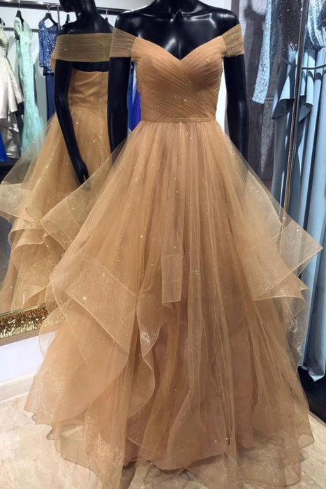 A Line Off the Shoulder Floor Length Prom Dress with Pleats Long Evening Dresses - Prom Dresses