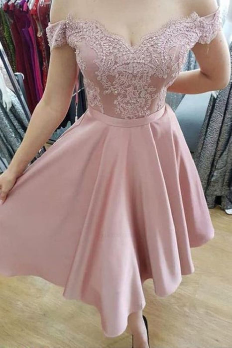 A Line Off the Shoulder Knee Length Homecoming Dresses with Appliques - Prom Dresses