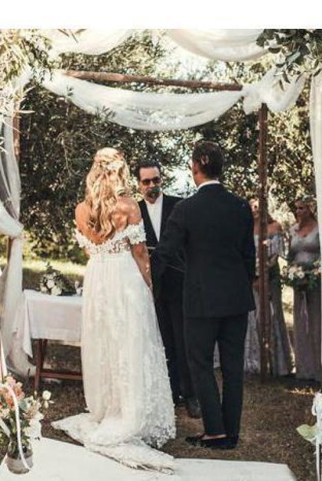 A Line Off the Shoulder Lace Short Sleeve Backless Long Beach Wedding Dress - Wedding Dresses