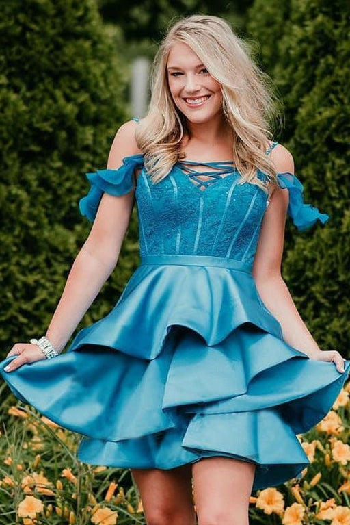 A Line Off the Shoulder Satin Homecoming Tired Mini Prom Dresses - Prom Dresses