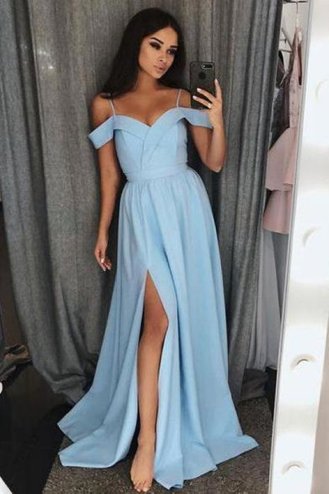 A Line Off the Shoulder Split Long Prom Dress Cheap Sexy Slit Evening Gown - Prom Dresses