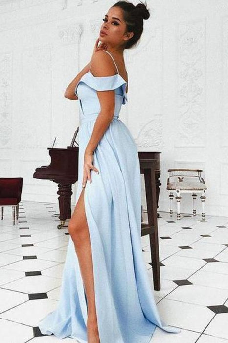 A Line Off the Shoulder Split Long Prom Dress Cheap Sexy Slit Evening Gown - Prom Dresses