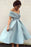 A-Line Off-the-Shoulder Tea-Length Sleeveless Homecoming Light Blue Satin Prom Dress - Prom Dresses