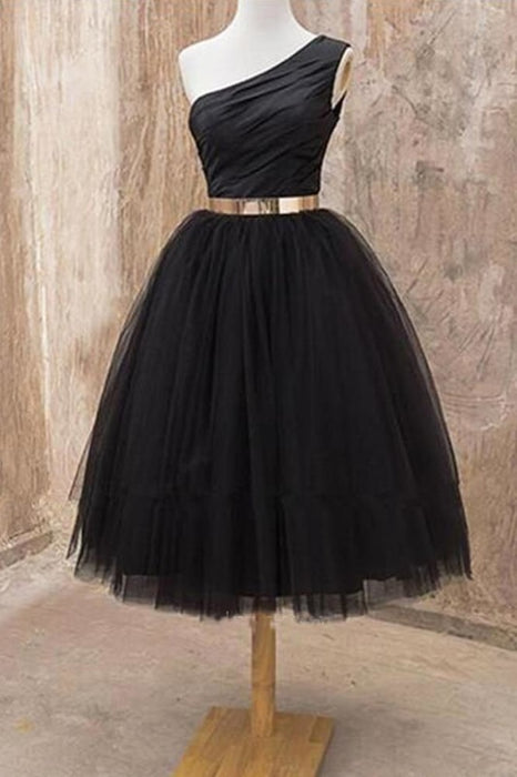 A Line One Shoulder Black Tulle Tea Length Homecoming with Belt Short Prom Dresses - Prom Dresses