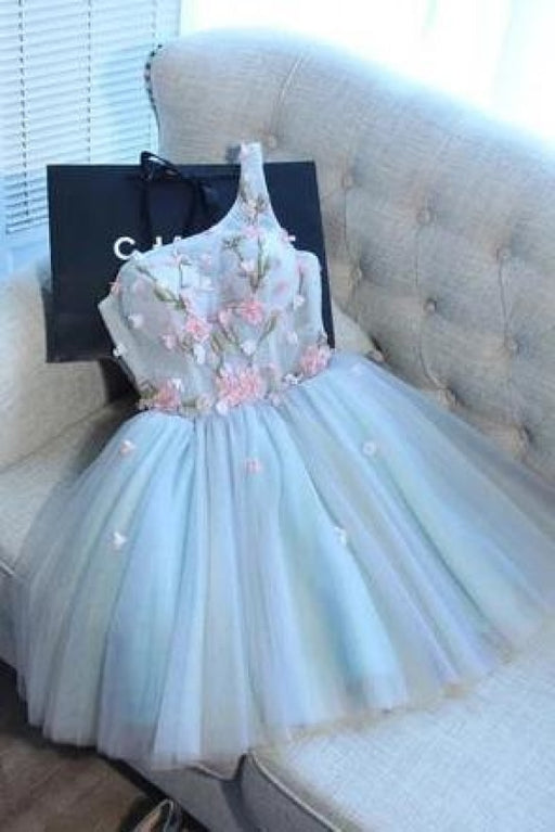 A Line One Shoulder Juniors Tulle Homecoming Dresses Cute Graduation Dress with Flower - Prom Dresses