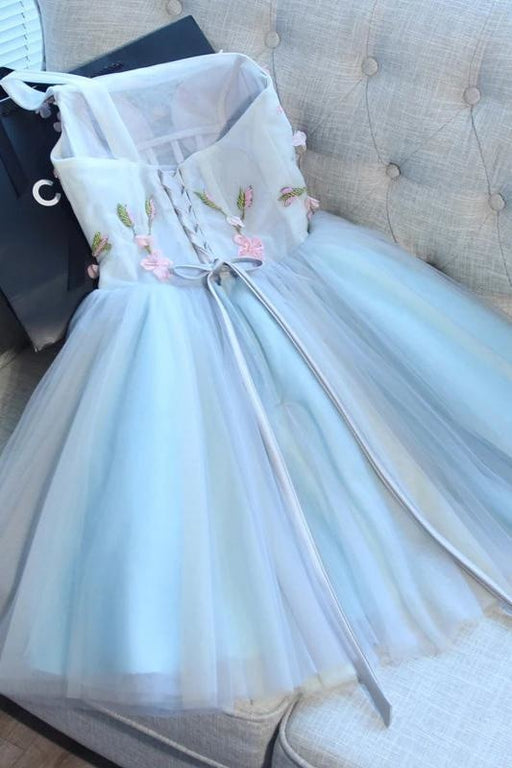 A Line One Shoulder Juniors Tulle Homecoming Dresses Cute Graduation Dress with Flower - Prom Dresses