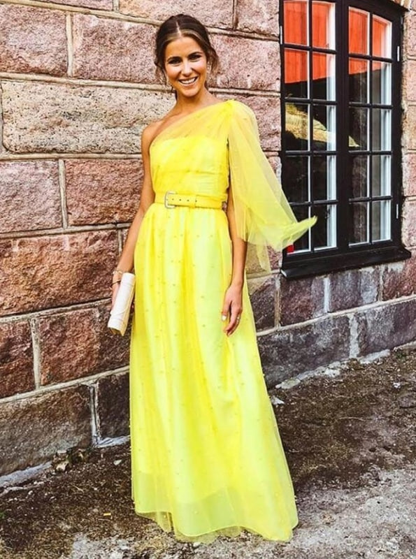 A-Line One-Shoulder Long Yellow Tulle Bridesmaid Dress - Bridesmaid Dresses
