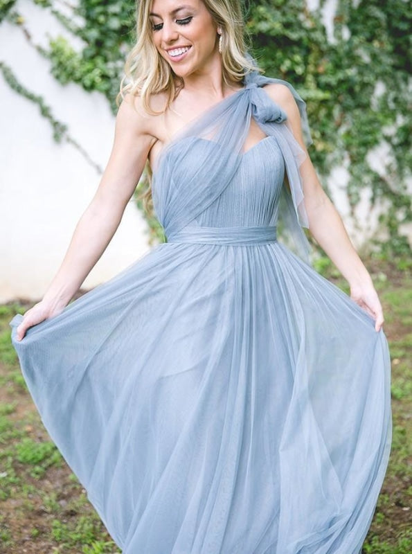 A-Line One-Shoulder Pleated Blue Tulle Bridesmaid Dress - Bridesmaid Dresses