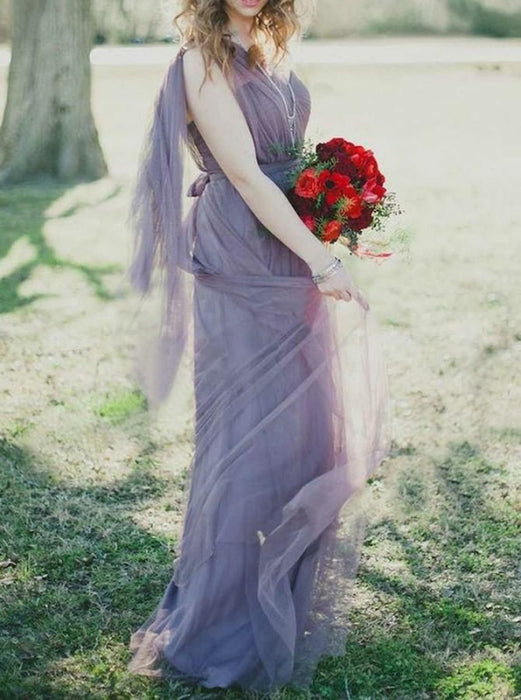 A-Line One-Shoulder Pleated Lilac Tulle Bridesmaid Dress - Bridesmaid Dresses