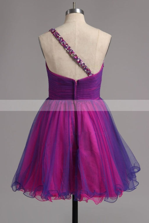 A-line One Shoulder Tulle Short Ruffles Homecoming Dresses with Beads - Prom Dresses