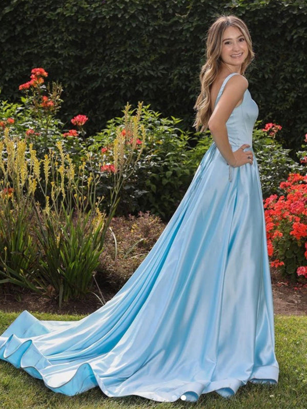 Fancy Blue A Line Sleeveless Open Back Long Prom Evening Dress ZXS481