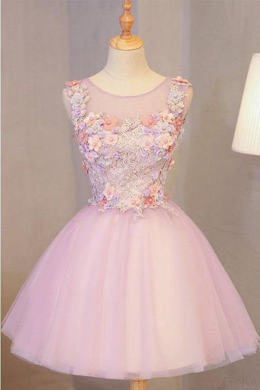 A Line Pink Tulle Homecoming Flowers Short Prom Dress with Beads - Prom Dresses