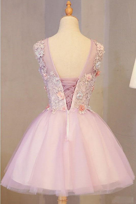 A Line Pink Tulle Homecoming Flowers Short Prom Dress with Beads - Prom Dresses