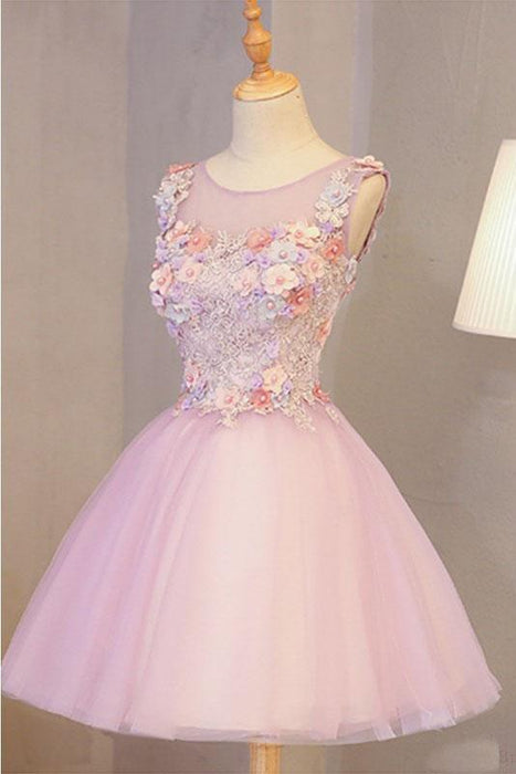 A Line Pink Tulle Homecoming Flowers Short Prom Dress with Beads - Prom Dresses