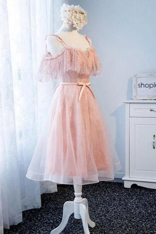 A Line Pink Tulle Lace Homecoming Dress Cute Short Prom Gown with Pearls - Prom Dresses