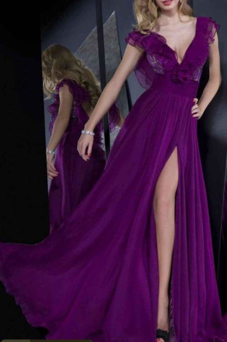 A-line Purple Cap Sleeves Floor-length Split Ruffles Chiffon Prom Dress Party Dresses - Prom Dresses