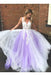 A-Line Purple Tulle V-neck Floor Length Prom Dress with White Appliques - Prom Dresses
