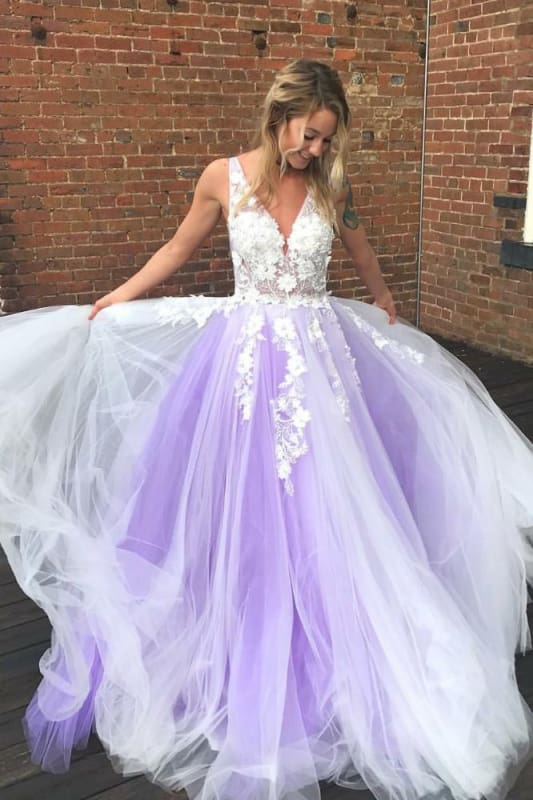 A Line Tulle Prom Dress with Purple V Neck Cap Sleeves and Appliques main image 1