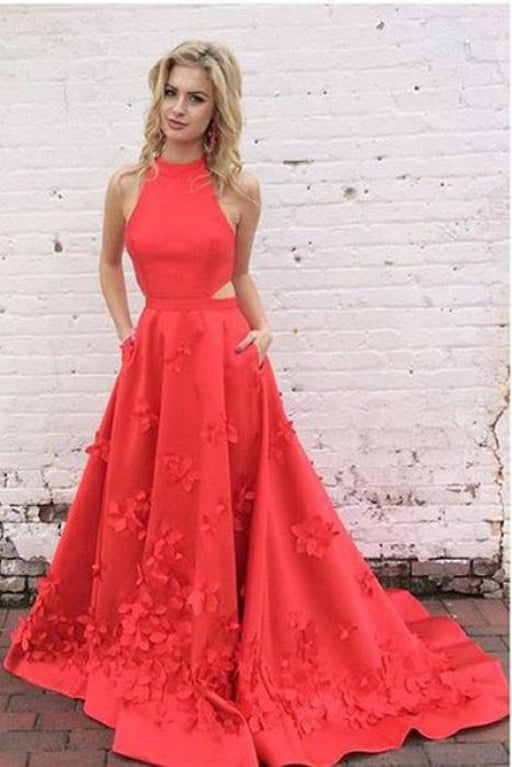 A-Line Red Jewel Keyhole Back Sleeveless Sweep Train Satin Prom Dress with Appliques - Prom Dresses