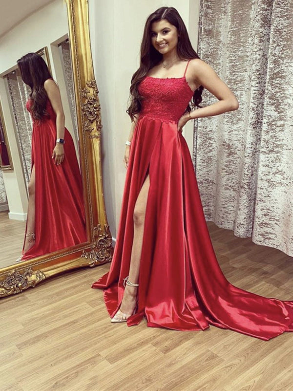 A Line Red Lace Long Prom with Leg Slit, Red Lace Formal Graduation Ev ...