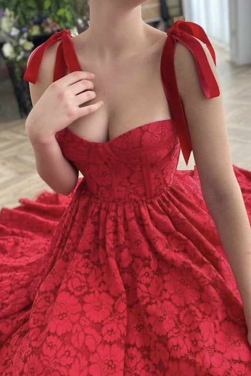 A Line Red Lace Tea Length Prom Dresses with Pocket, Red Lace Formal Evening Dresses