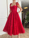 A Line Red Lace Tea Length Prom Dresses with Pocket, Red Lace Formal Evening Dresses