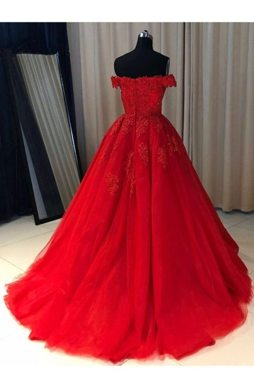 A-line Red Off the Shoulder Prom Dress with Lace Appliques Long Tulle Evening Gown - Prom Dresses