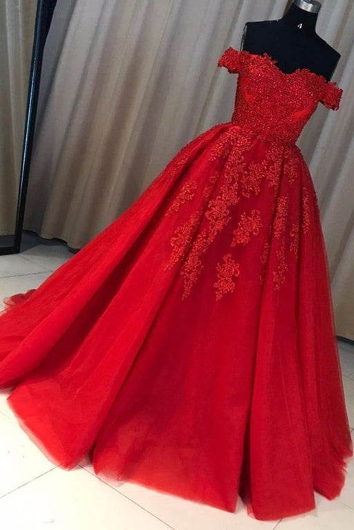 A-line Red Off the Shoulder Prom Dress with Lace Appliques Long Tulle Evening Gown - Prom Dresses