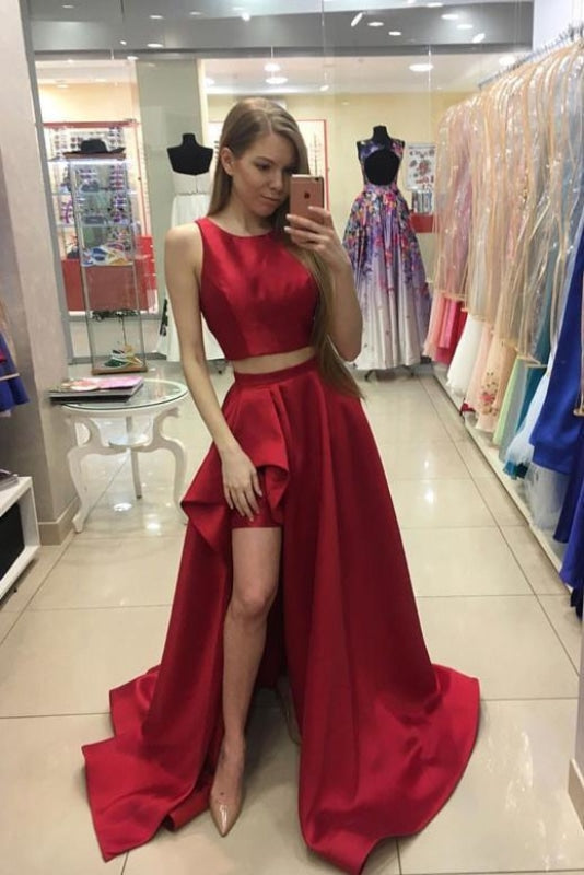 A-line Red Sleeveless Two Piece Long Satin Prom Evening Dress For Teens - Prom Dresses