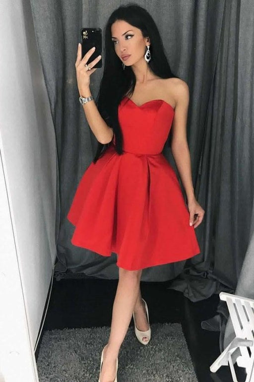 A Line Red Sweetheart Homecoming Dress Simple Strapless Junior Prom Dresses - Prom Dresses