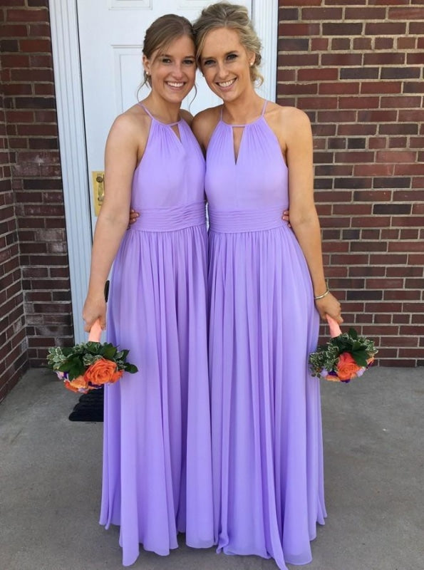 A-Line Round Neck Keyhole Lavender Chiffon Bridesmaid Dress - Bridesmaid Dresses