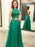 A Line Round Neck Lace Top Green Long Prom Dresses, Green Lace Formal Dresses, Green Evening Dresses