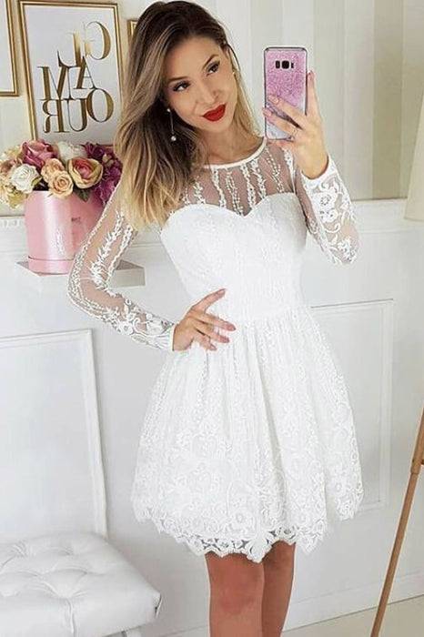 A-Line Round Neck Long Sleeves White Lace Homecoming Party Short Dress - Prom Dresses