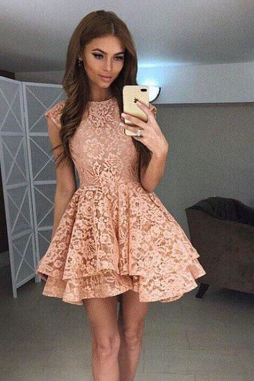 A-Line Round Neck Mini Prom Cute Lace Short Homecoming Dress - Prom Dresses