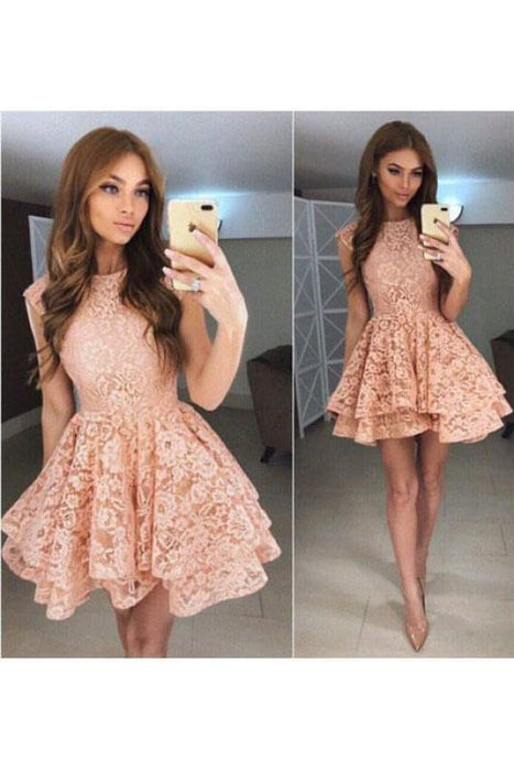 A-Line Round Neck Mini Prom Cute Lace Short Homecoming Dress - Prom Dresses