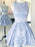 A Line Round Neck Open Black Short Blue Lace Prom Dresses, Short Blue Lace Formal Homecoming Graduation Dresses