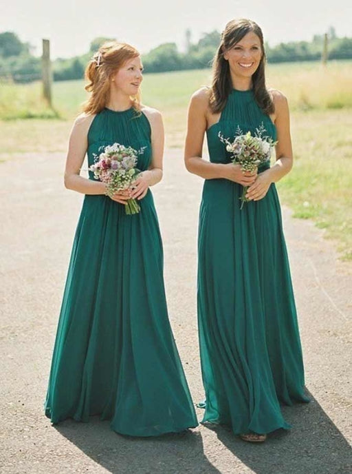 A-Line Round Neck Pleated Green Chiffon Bridesmaid Dress - Bridesmaid Dresses