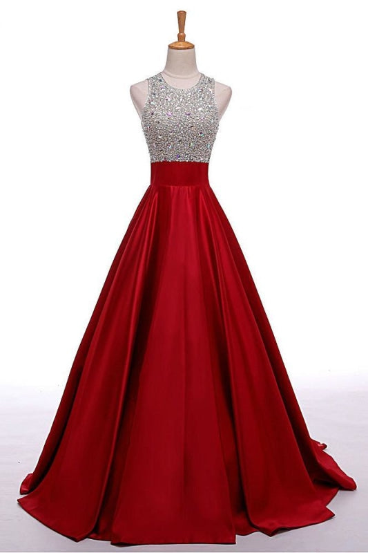 A-Line Round Neck Red Long Prom Dress with Beading Sleeveless Evening Dresses - Prom Dresses