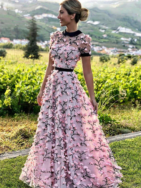 short sleeve prom dresses A Line Round Neck Short Sleeves Prom with 3D Flowers-Bridelily