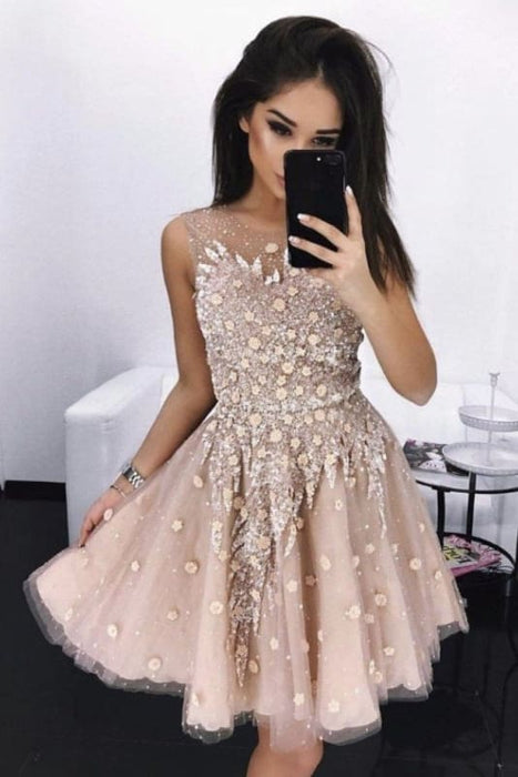 A Line Round Neck Tulle Beading Homecoming Dresses Applique Short Graduation Dress - Prom Dresses