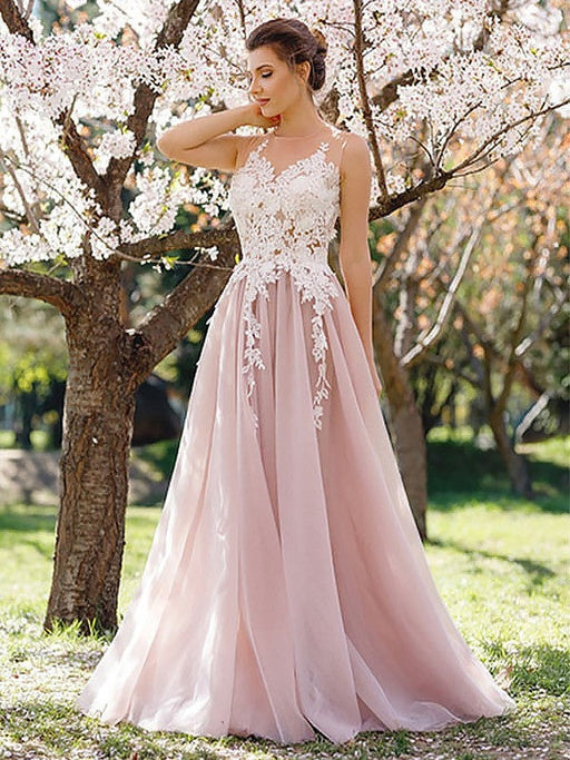 A Line Round Neck White Lace Pink Tulle Long Prom Dresses, Pink Formal Dresses, Evening Dresses
