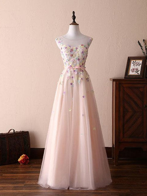 A Line Round Neck Flowers Appliques Light Pink Prom Dresses, Pink Formal Dresses, Evening Dresses with Flower