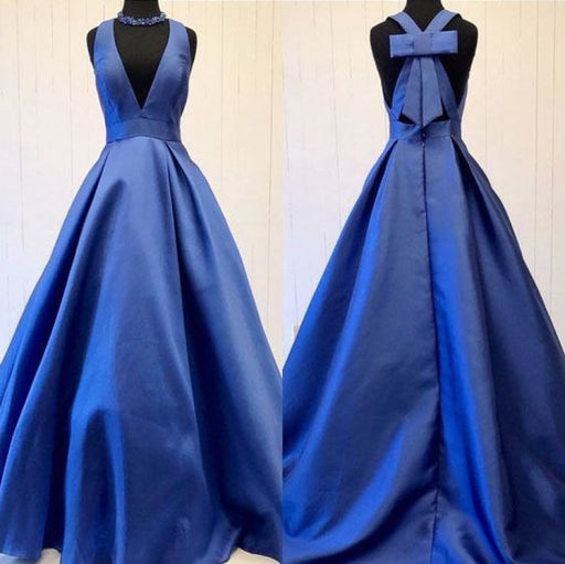 A-line Royal Blue Deep V-neck Sleeveless Long Prom Gown with Bowknot - Prom Dresses