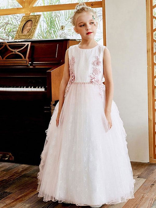 Flower Girl Dresses Light Pink Jewel Neck Lace Sleeveless Ankle-Length A-Line Sash Kids Social Party Dresses