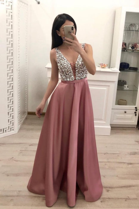 A Line Satin Prom Dress with Beading Sequins Sparkly V Neck Evening Dresses - Prom Dresses