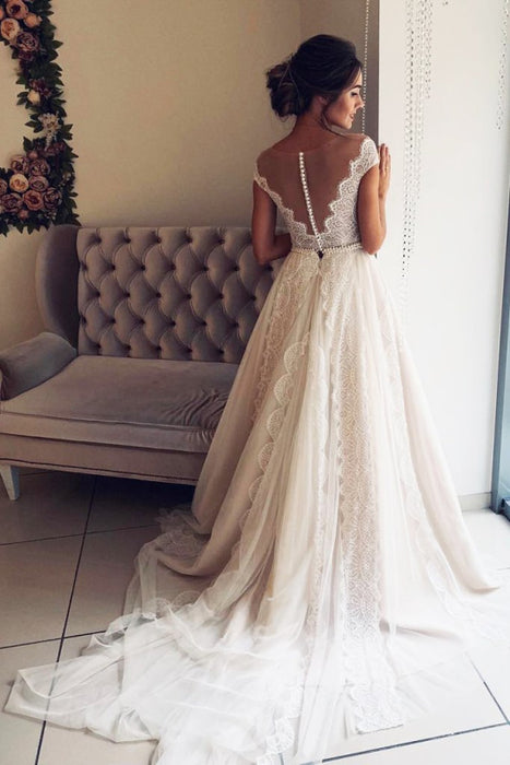 A-Line Scalloped-Edge Lace White Boho Beach Wedding Dress - Bridelily A-Line Scalloped-Edge Lace White Boho Beach Wedding Dress - Bridelily