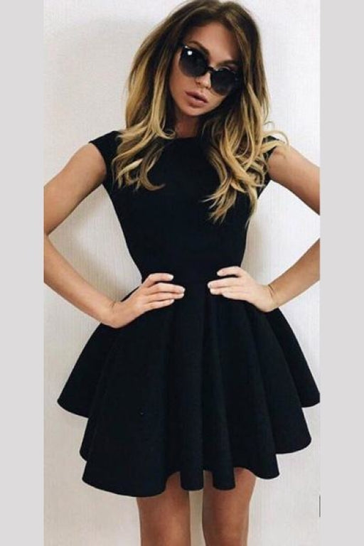 A-Line Scoop Backless Short Sleeves Black Ruched Homecoming Cocktail Dress - Prom Dresses
